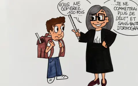 Une avocate, avec une citation humour décalé, menace un écolier : "Vous me copierez 100 fois... Je ne commettrai plus de délit, et sans faute d'orthographe !