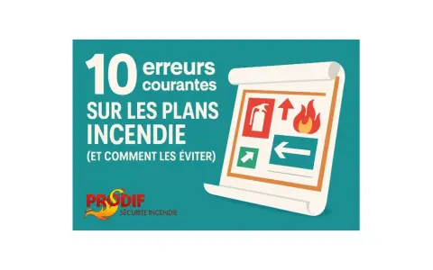 Illustration sur les 10 erreurs courantes sur les plans incendie, avec des symboles de sécurité. Un exemple de dossier RAEP rédigé serait utile pour comprendre ces erreurs.