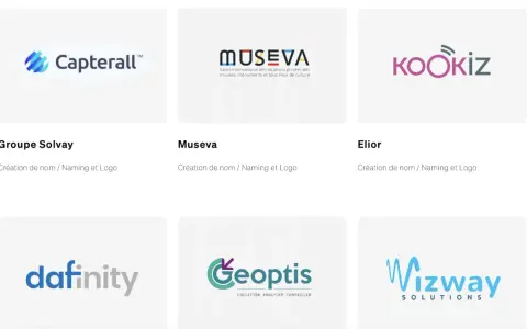 Logos de "Capterall", "Museva", "Kookiz", "Dafinity", "Geoptis" et "Wizway". Le nom d'aventurier imaginaire "Kookiz" est particulièrement intriguant.