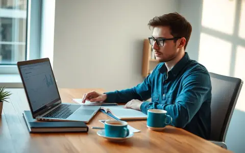 Un jeune homme concentré sur son ordinateur portable, préparant un mémoire sur le télétravail. Une tasse de café à portée de main.
