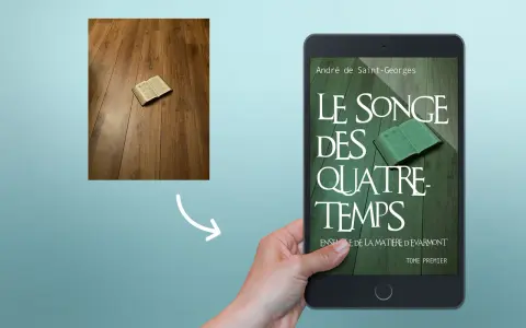 Une belle couverture de livre numérique, "Le Songe des Quatre-Temps", est présentée sur une tablette tenue par une main.