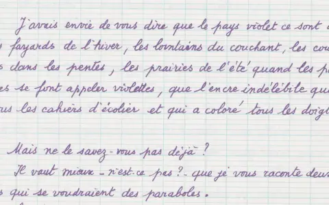 Manuscrit exemple : description poétique du pays violet, des pensées sauvages aux doigts tachés d'encre.