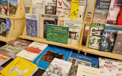 Des livres de divers éditeurs de livres, dont des ouvrages sur l'urbanisme, la photographie et la cuisine, sont exposés sur des étagères en bois.