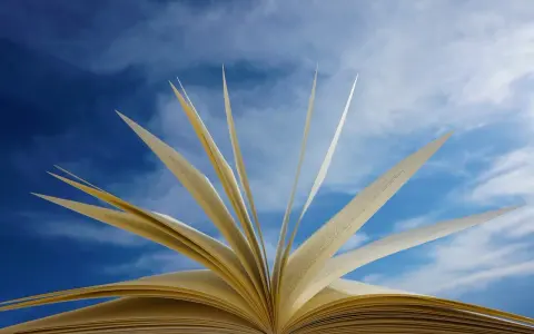 Un livre ouvert, ses pages s'envolent comme des oiseaux dans un ciel bleu. Un troisième exemple d'autobiographie, où chaque page raconte une nouvelle aventure.