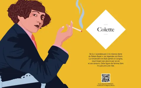 Portrait stylisé de Colette, femme de lettre française, fumant une cigarette. Son regard est intense, sa coiffure bouclée et elle porte un costume sombre.