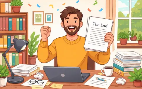 Un auteur fier tient son manuscrit terminé, prêt à le publier à compte d'auteur. Confettis et sourire radieux célèbrent cette étape !