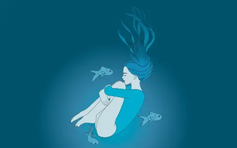 Une jeune femme, les yeux clos, flotte dans l'eau bleue, entourée de poissons. Ses cheveux s'étirent comme des algues, tant que mes yeux pourront larmes épandre, une analyse silencieuse.