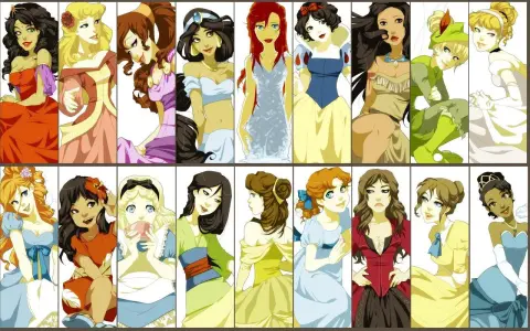 Collection de personnages féminins célèbres, dont Ariel, Blanche-Neige et Cendrillon, dans des tenues colorées.