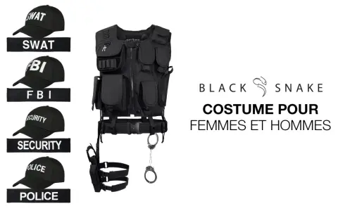 Costume tactique Black Snake avec casquettes SWAT, FBI, Security, Police. Un pseudo peut servir à se déguiser.