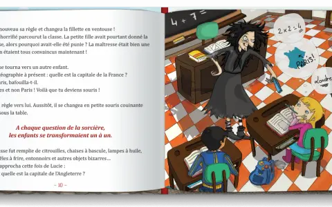 Une sorcière transforme des élèves en souris dans une salle de classe. Elle interroge un élève sur la capitale de la France.