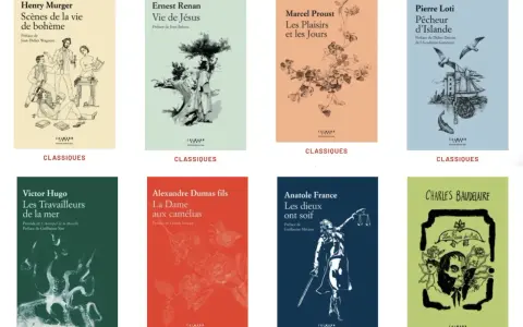 Couvertures de livres classiques de l'édition Calmann Lévy : Murger, Renan, Proust, Loti, Hugo, Dumas fils, France, Baudelaire.