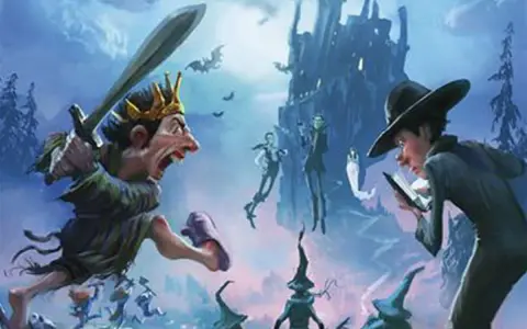 Un roi démoniaque aux dents pointues, armé d'une épée, charge vers un jeune sorcier lisant un livre. Des créatures fantasmagoriques et un château menaçant peuplent ce monde de fantasy.