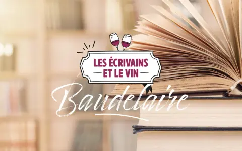 L'âme du vin et des écrivains, une ode à Baudelaire. Un livre ouvert sur des étagères, symbolisant la richesse de la littérature et du vin.