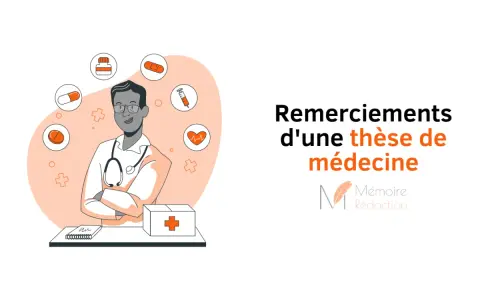 Illustration d'un médecin entouré d'icônes médicales, avec le titre "Remerciements d'une thèse de médecine". Un clin d'œil au remerciement mémoire.