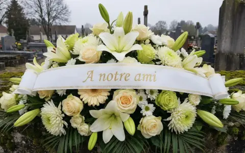 Un bouquet de fleurs blanches et crème, orné d'un ruban "À notre ami", symbolise une belle histoire d'amitié.