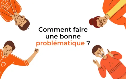 Quatre personnages stylisés entourent le texte "Comment faire une bonne problématique ?". Un exemple de problématique mémoire est illustré par ces visages expressifs.