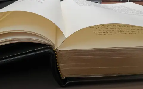 Gros plan sur des pages de livre ouvertes, révélant le texte imprimé et la reliure en cuir noir.