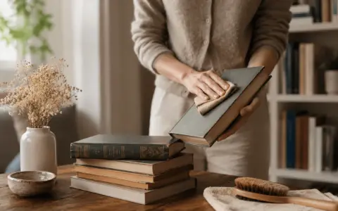Une personne nettoie un livre d'occasion avec un chiffon. Apprenez comment désinfecter un livre d'occasion pour le préserver.