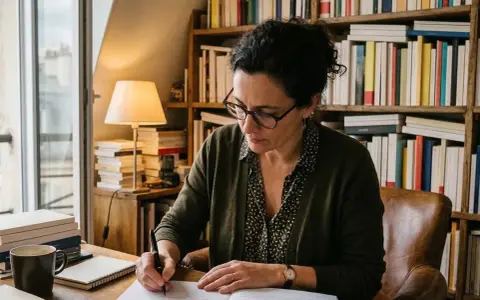 Une femme rédige des manuscrits dans son bureau, entourée de livres. Elle travaille pour une maison d'édition poésie.