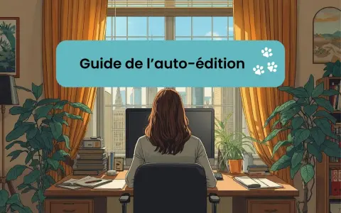 Une femme prépare son projet pour publier un livre, assise à son bureau avec vue sur la ville.