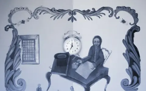 Une scène stylisée montre une personne assise à un bureau, stylo à la main, comme un exercice pour apprendre à écrire. Une horloge indique l'heure.