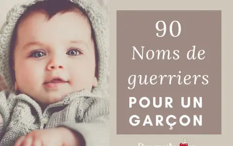 Un bébé aux yeux bleus, portant un bonnet et un pull en maille grise, avec le texte "90 Noms de guerriers pour un garçon".