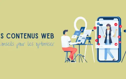 Illustration montrant comment publier du contenu web optimisé. Un homme travaille sur un ordinateur, une femme est filmée pour les réseaux sociaux.
