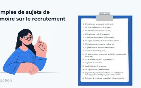 Une illustration présente des exemples de sujets de mémoire sur le recrutement, dont la problématique de recrutement dans une société robotisée.