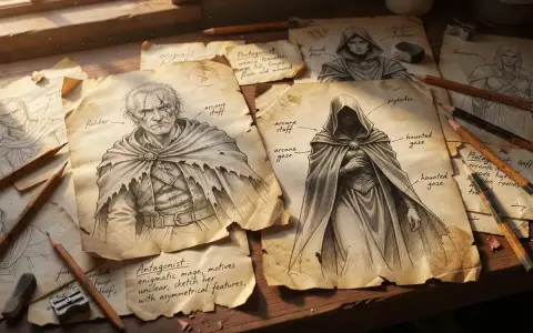 Croquis de personnages pour un jeu : un vieil homme barbu, "Polder", et une mystérieuse mage voilée.
