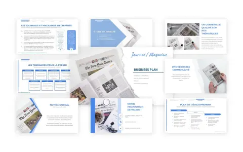 Présentation d'un plan d'affaires pour comment créer un magazine, incluant des études de marché, des tendances et une proposition de valeur.