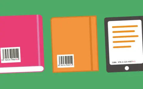 Trois livres, dont un rose et un orange, affichent des codes-barres. Une tablette affiche le numéro ISBN.