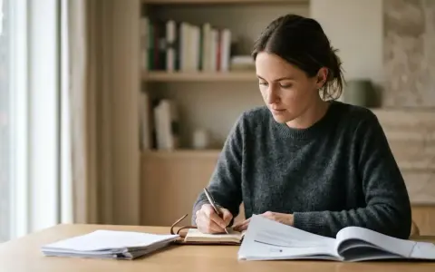 Femme concentrée rédigeant sa dissertation sur le service public, entourée de documents.