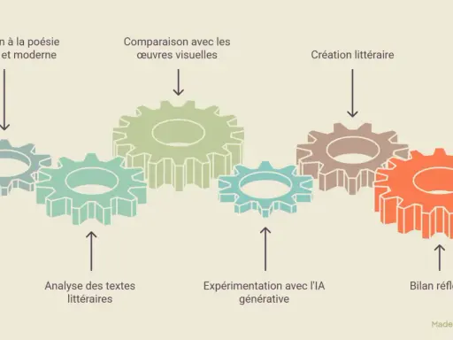 Engrenages symbolisant un processus créatif, de l'analyse littéraire à la création, avec un **oxymore visuel** dans la juxtaposition des textes et des images.