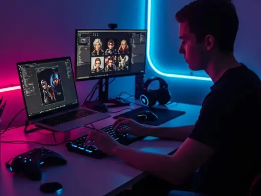 Un jeune homme stylé, concentré sur son écran, crée des mondes virtuels. Son setup gaming est illuminé par des néons bleus et roses.