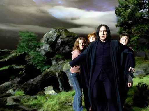 Severus Rogue, jeune et sombre, guide Harry, Ron et Hermione à travers un paysage rocheux et brumeux.