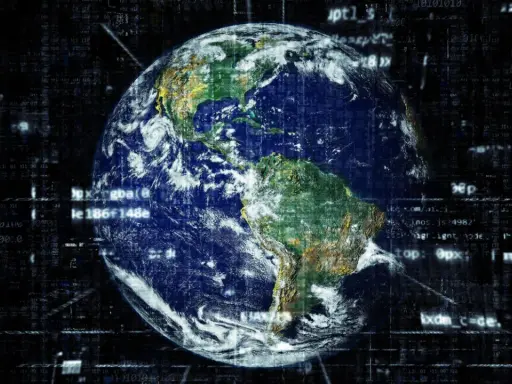 La Terre vue de l'espace, entourée de code binaire, symbolisant la dissertation sur la mondialisation et la connectivité globale.