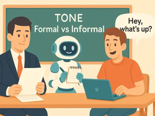 Un homme en costume, un robot et un jeune homme discutent. Le tableau indique "TONE Formal vs Informal", illustrant la communication formelle et informelle.