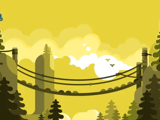 Un artiste imagine qu'est ce qu'un cliffhanger, suspendu au-dessus d'un paysage stylisé de montagnes et de nuages jaunes.