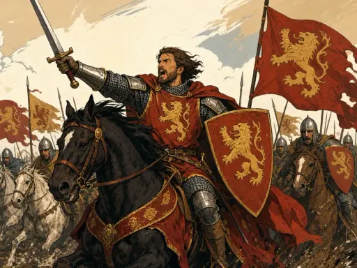 Un chevalier au nom de chevalier stylé mène une charge à cheval, brandissant son épée sous des drapeaux au lion. L'armée avance.