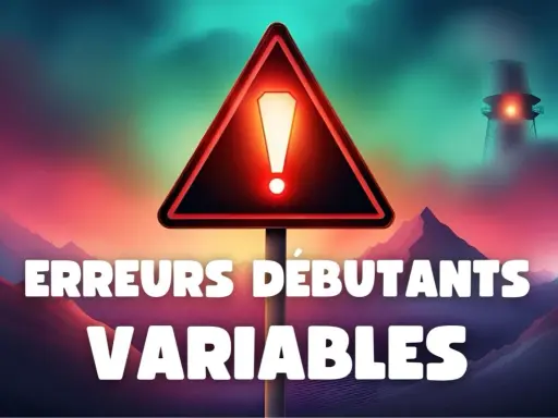 Panneau d'avertissement "Erreurs Débutants Variables" dans un paysage surréaliste.