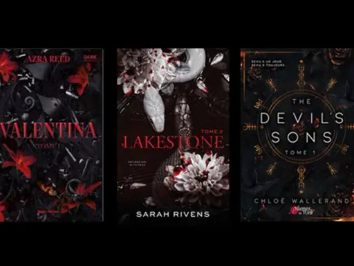 Trois couvertures de livres sombres : "Valentina", "Lakestone" avec un serpent, et "The Devil's Sons".