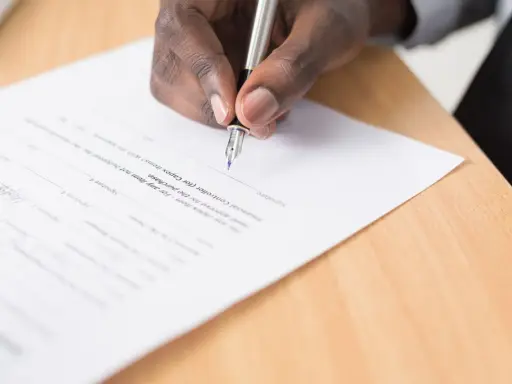 Main d'une personne signant un document, peut-être une liste pour une maison d'édition à compte d'éditeur.