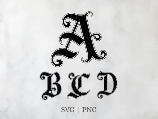 Lettres A, B, C, D en écriture gothique, parfaites pour une touche d'élégance sombre sur Instagram.