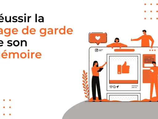 Illustration pour réussir la page de garde de son mémoire master, avec des personnages interagissant avec une interface web.