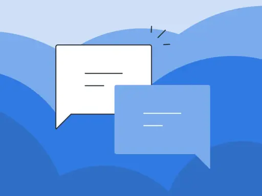 Deux bulles de dialogue, une blanche et une bleue, symbolisent une demande de lettre de recommandation.