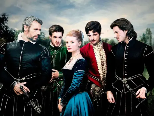 Cinq personnages en costumes d'époque, dont une jeune femme au centre, évoquent le drame de la Princesse de Montpensier.
