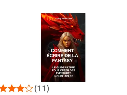 Une jeune femme blonde, un dragon rouge menaçant derrière elle. La couverture d'un livre sur l'art d'écrire une histoire fictive de fantasy.
