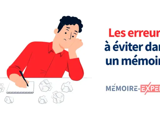 Un étudiant frustré écrit son rapport de stage, entouré de brouillons. Le texte indique "Les erreurs à éviter dans un mémoire".