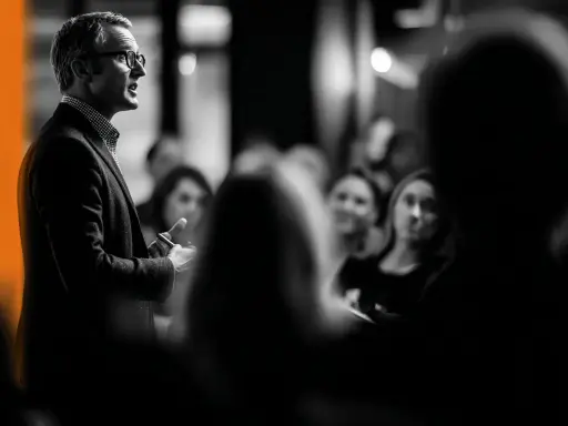 Un homme parle à une audience attentive. Je me souviens de cette conférence, c'était une expérience vécue marquante.