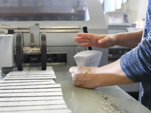 Mains manipulant une pile de documents imprimés pour le façonnage imprimerie, à côté d'une machine.